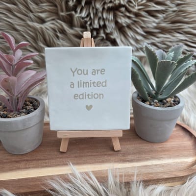 Robuust Wenstegeltje – You Are a Limited Edition – Hip trendy tegeltje – 10x10 cm – Uniek Cadeau voor Vriendin, Juf, Tante, Zus of Collega – Stijlvolle Woondecoratie met Boodschap – Trendy nu – Decoratief Tegeltje met Standaard – Cadeau Idee