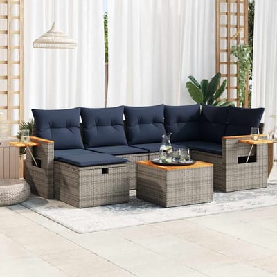 vidaXL - 7-delige - Loungeset - met - kussens - poly - rattan - grijs