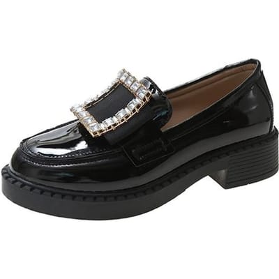 Rimocy Mocassins à Plateforme Strass Mode Femme Noir Blanc Cuir Verni Chaussures Décontractées Femme Bout Rond À Enfiler Ballerines Dames 35 noir