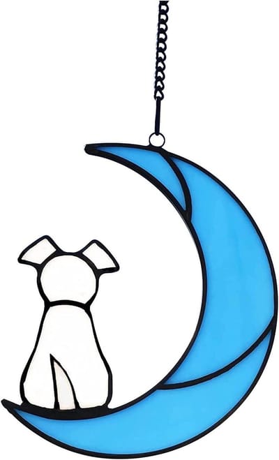 Glas-in-lood Honden Decoratie - Hond Maan Suncatcher - Raam Decoratie - Half Maan Vorm - 1 paneel - Wit