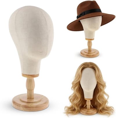 Pruikhoofd met Sokkel - Display Standaard - Pruiken Presenteren - Stabiel Canvas - 54 cm Hoofdomtrek - Beige