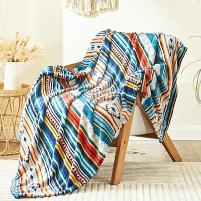 Ultra Zachte Fleece Deken Boho Stijl, 150 x 200 cm - Blauwe Gestreepte Decoratieve Gooi