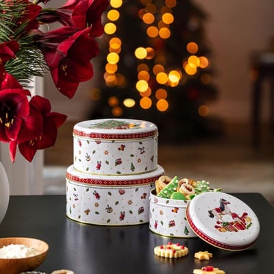 STAR&STER Koekjesdozen Set – 3 Stuks – Winter Collage Design – Veelkleurige Blikjes 19,7 x 9,4 cm – Ideaal voor Koekjes & Cadeaus