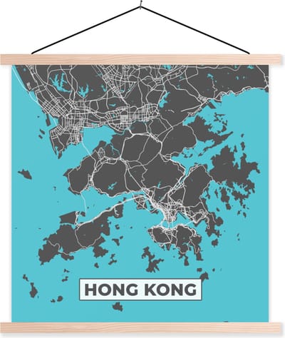 Posterhanger incl. Poster 40x40 cm - Schoolplaat - Hong Kong - Blauw - Kaart - Plattegrond - Stadskaart - Textielposter - Blanke latten - Stadskaart