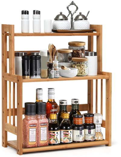 Sensova - Bamboe Kruidenrek 3 Niveaus - Verstelbare Planken - Vrijstaand Keuken Organizer - Waterbestendig - Multifunctionele Opbergrek voor Keuken en Badkamer