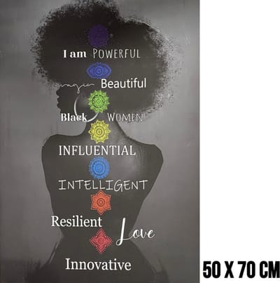 Allernieuwste.nl® Canvas Schilderij Krachtige Vrouw Chakra’s – 50 x 70 cm - Spirituele Wanddecoratie Zwart – Muurdecoratie - Inspirerende Affirmaties voor Zelfwaarde en Persoonlijke Groei