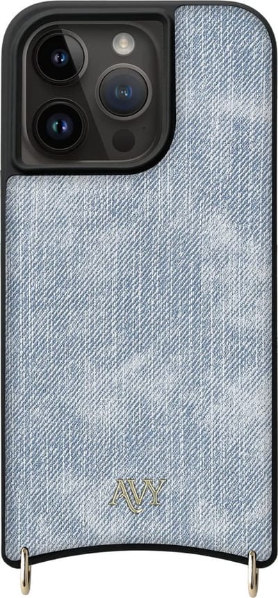 AVY Leren Hoesje geschikt voor Apple iPhone 15 Pro | Compatibel met MagSafe | Kunstleren Case | Back Cover | Haakjes voor koord | Denim