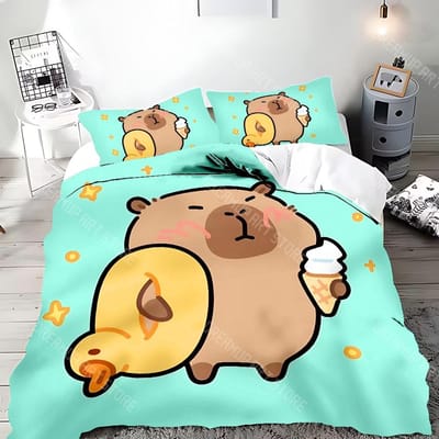Ensemble de literie avec housse de couette et taie d'oreiller à motif capybara mignon, décoration pour chambre d'adulte, garçon ou fille, cadeau pour enfant, taille simple ou double, grande. EU Single 90x200cm