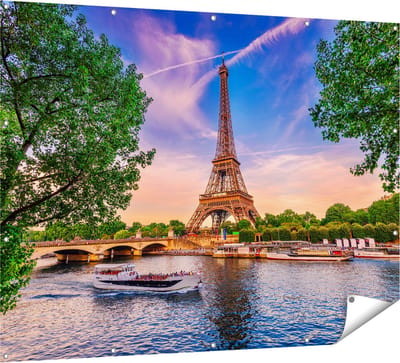 Gards Tuinposter Eiffeltoren in Parijs aan het Water - Kleur - 160x120 cm - Tuindoek - Tuindecoratie - Wanddecoratie buiten - Tuinschilderij