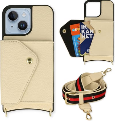 Casemania Hoesje Geschikt voor Apple iPhone 14 - Wit - Back Cover met Verstelbare Band - Pasjeshouder / Koord
