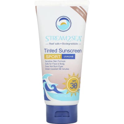 Stream2Sea, Tinted Sunscreen, Sports, SPF 30, Unscented, 3 fl oz (90 ml) white