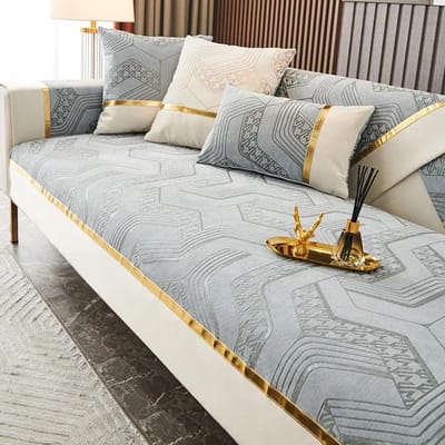 Europa Chenille Sofa Handdoek Antislip Jacquard Zitkussen Luxe Gouden Lijnen Sofahoes Splicing Brede Witte Rand Sofa Kussen 70x70cm 1pcs