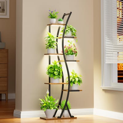 Plantenstandaard met groeilicht voor binnen, 7-traps metalen plantenrek voor kamerplanten, gebogen hoekplantenstandaard, bloemenstandaard voor woonkamer, terras, balkondecoratie