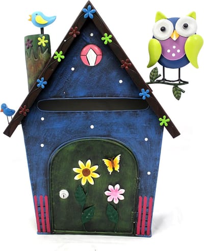 Wand brievenbus - Huis met uil - Post ontvangen - Handgemaakt uniek ontwerp - 63x37x15 cm - Metaal