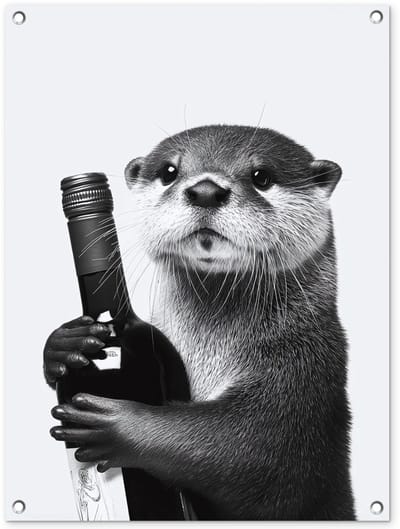Tuinposter 60x80 cm - Tuindecoratie Wijnfles - Otter - Zwart - Poster voor in de tuin - Buiten decoratie - Schutting tuinschilderij - Tuindoek muurdecoratie - Wanddecoratie balkondoek