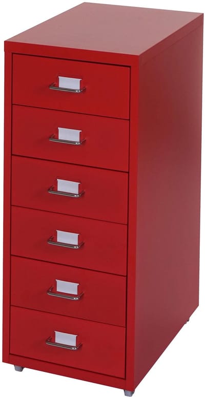 Ladekast, ladekast op wielen, stalen ladekast, 69x28x41cm 6 laden ~ rood
