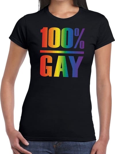 100 procent Gay pride t-shirt zwart met regenboog tekst voor dames - lgbt kleding XS