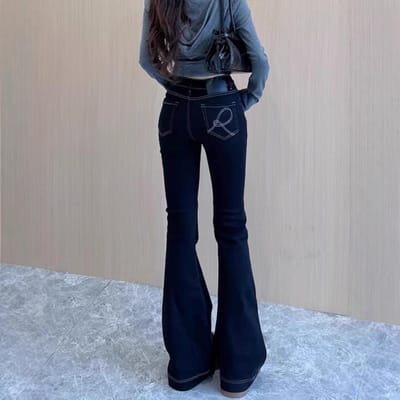Zwarte Zak Geborduurde Jeans voor Dames In Herfst en Winter Nieuwe Hoge Taille Slim Hoefijzer Vloer Broek 4XL gray