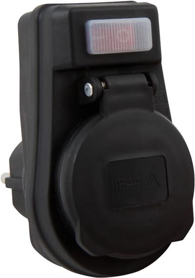 McPower Stopcontactadapter met Schakelaar – 230V / 3500W – IP44 Spatwaterdicht – Buiten Stopcontact Adapter – Met Beschermklep – Zwart