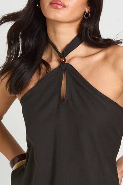 boohoo Dames Linnen-look Haltertop Met Kraaltjes En Wijde Slouchy Broek Co-ord | Zwart | Maat: 38