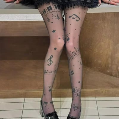 Kave Y2K Muzieknoot Patroon Piano Panty's Voor Vrouwen Gothic Kousen Kwaii Lolita Zijde Dunne Lange Sokken Festival Doorzichtige Panty's L black