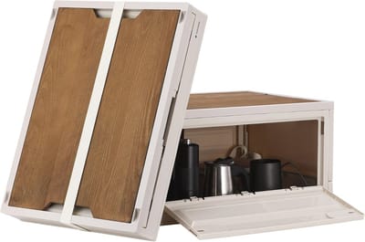 Opvouwbare Camping Opbergkist met Wielen - 35L Stapelbare Organizer met Deksel - Beige