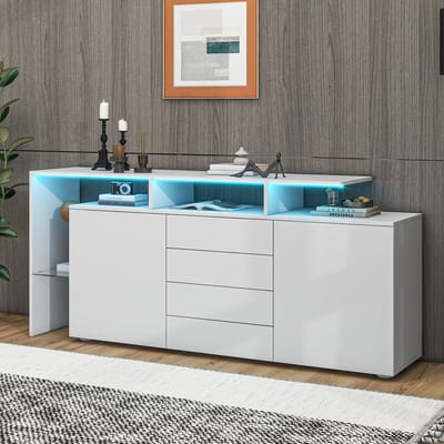 Sweiko Dressoir - LED-verlichting - Hoogglans - TV-kast - 4 lades - Glazen planken - Wit