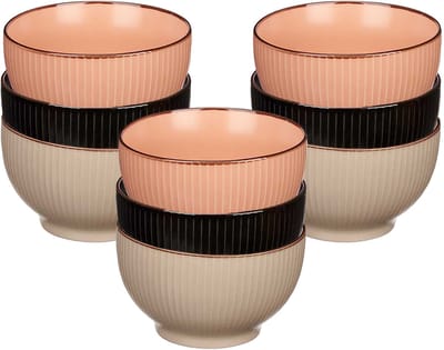 Kommetjes/serveer schaaltjes - 9x stuks - Mistique - porselein - D14 x H8 cm - zalm roze - zwart - beige - Stapelbaar