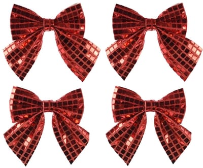 Decoris Kerstornamenten strikken - 4x - rode pailletten - 12 x 13 cm - kerstboomstrikjes - kerstboomversiering strikjes
