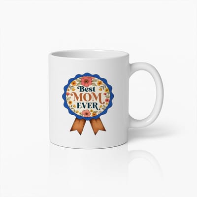 Best Mom Ever Mok 330 ml – witte koffiemok met bloemen award design – Cadeau voor mama