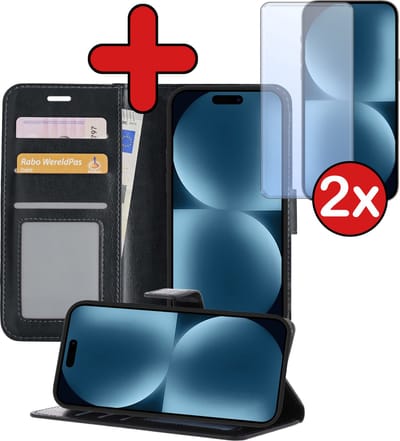 Hoesje - Met 2x Screenprotector - Geschikt voor Apple iPhone 15 - Luxe Pasjeshouder - Flip Case - Bookcase Portemonee - Kunstleer Book Case - Flipcase Hoes - Book Cover - Walletcase - Portemonneehoes - Telefoonhoes - Zwart