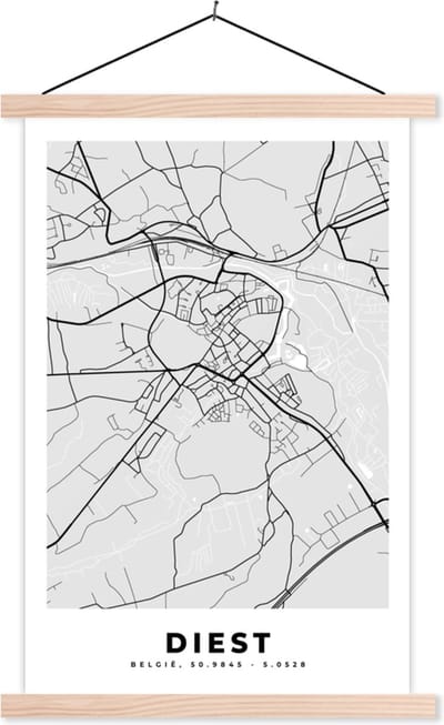 Posterhanger incl. Poster 40x60 cm - Schoolplaat - Plattegrond – Diest – Zwart Wit – Stadskaart - Kaart - Textielposter - Blanke latten - Stadskaart