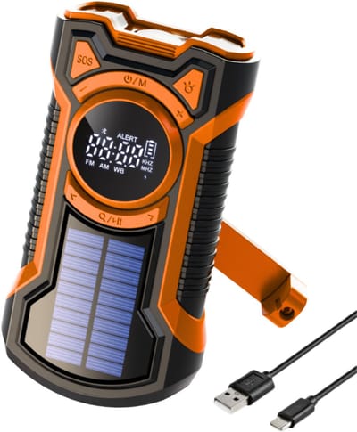 Noodradio solar & opwindbaar – 5000 mAh powerbank – Led zaklamp & leeslamp – Bluetooth – SOS alarm 115 dB – Waterdicht IPX5 – USB-C – Voor camping, stroomuitval & noodpakket – Oranje – Thousandtravelmiles