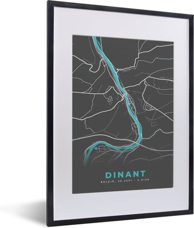 Fotolijst incl. Poster - Plattegrond – Dinant – Blauw – Stadskaart - Kaart - 30x40 cm - Posterlijst