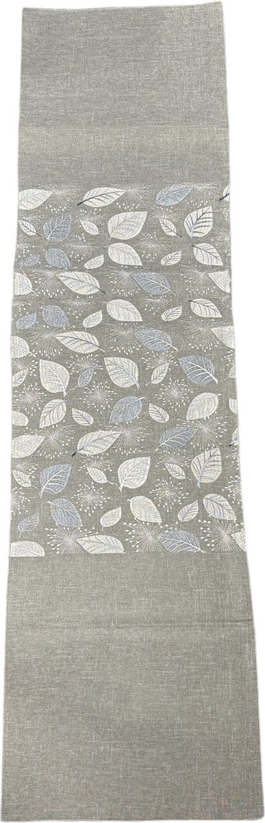 Tafelloper - Linnenlook - Grijs met verschillende in grijs en zilver geborduurde blaadjes - 40 x 140 cm
