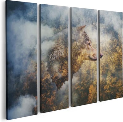 Artaza Canvas Schilderij Vierluik Wolvenkop Op Een Herfstbos - Wolf - Abstract - 80x60 - Foto Op Canvas - Canvas Print