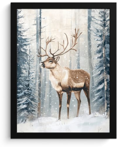Poster in lijst - Fotolijst 30x40 cm - Posters - Rendier - Sneeuw - Woud - Wit - Posterlijst zwart - Decoratie - Wanddecoratie woonkamer - Muurdecoratie slaapkamer