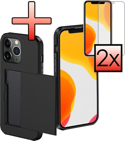 Hoes Geschikt voor iPhone 11 Pro Hoesje Pasjeshouder Hard Cover Met 2x Screenprotector Shock Proof Hard Case Hoes Met Kaarthouder - Zwart