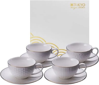 Tokyo Design Studio - Nippon White - Koffiekopjes met Schotel - 180 ml - 8-delig - Porselein - Gouden Rand - Geschenkset