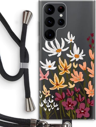 Case Company® - Hoesje met koord geschikt voor Samsung Galaxy S22 Ultra hoesje met Koord - Painted wildflowers - Telefoonhoesje met Zwart Koord - Bescherming aan alle Kanten en Over de Schermrand