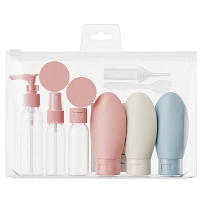 Roze beige blauwe reisflesjes reisverpakking unisex navulbare flessen set shampoo douchegel cosmetische containers inclusief pomp fles knijp flessen en reis accessoires 11 delig