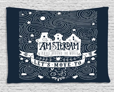 ABAKUHAUS Amsterdam Wandtapijt, Reiswoorden met Sterren, Woonkamer Slaapkamer Wanddoek Zijdezacht Satijn Tapijt, 150 x 100 cm, Donkerblauw en Wit