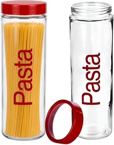 CM Glazen Pasta voorraadpot - 2x - 31 cm - 2500 ml - voorraadbus - luchtdichte deksel - rood/transparant