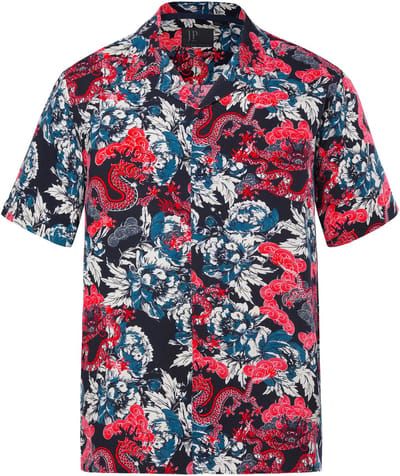 JP 1880 - Heren - Overhemd korte mouwen Cubaanse kraag bloemenprint Cubaanse fit - Navy blauw - Maat XL