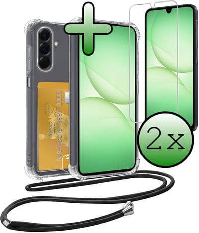 Hoes Geschikt voor Samsung A17 Hoesje Pas Houder Shock Proof Case Hoes Met Koord Met 2x Screenprotector - Hoesje Geschikt voor Samsung Galaxy A17 Hoes Met Telefoonkoord Pasjeshouder Cover - Transparant