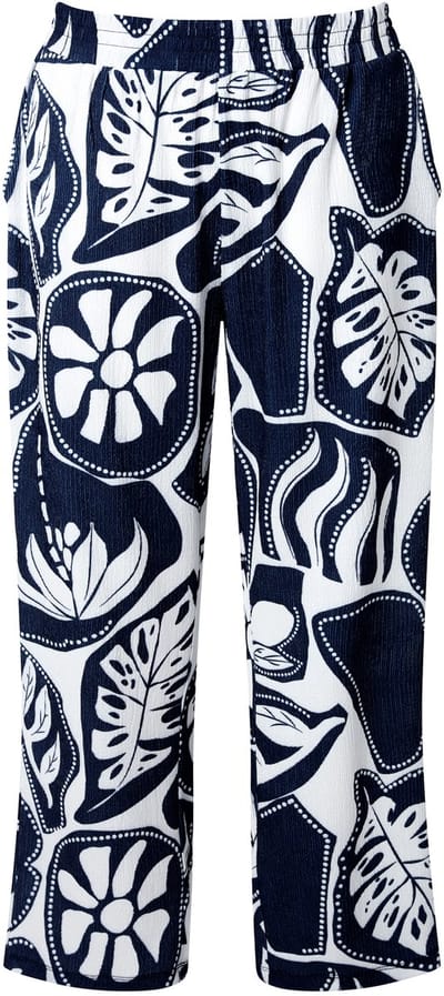 Ulla Popken - Dames - Broek Rose bladeren wijde pijpen elastische tailleband - Marine - Maat 54+