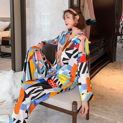 Damespyjama Zijde Nieuwe Lange Mouw Broek Kleurrijke Ruitprint Tweedelig Huispak Pyjama Huiskleding voor Dames M white