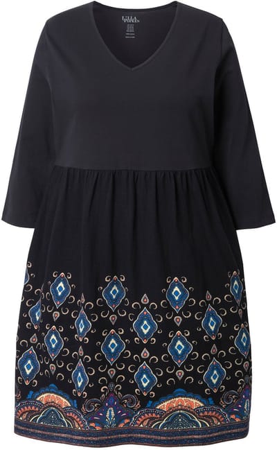 Ulla Popken - Dames - Jersey jurk A-lijn V-hals 3/4-mouw zakken - Zwart - Maat 50+