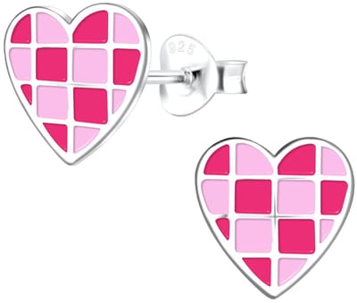 Joy|S - Zilveren hartje oorbellen - 8 x 9 mm - hartje met vierkante roze blokjes - oorknoppen