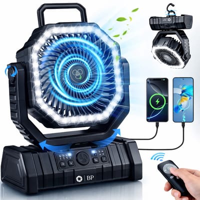 BP® Tent Ventilator Zwart - Camping Ventilator - Mini Ventilator - Tafelventilator - Draagbare Ventilator - Kleine Ventilator - LED Verlichting - Powerbank - USB Oplaadbaar - Met Afstandsbediening